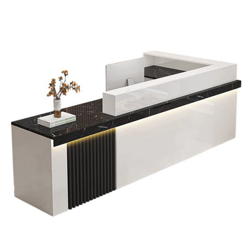 Modern Reception Desk with Dual-level Countertop, Wooden Slat Design, Cable Grommet & Lockable Storage Cabinet for Retail & Hospitality Spaces (47–157" L)