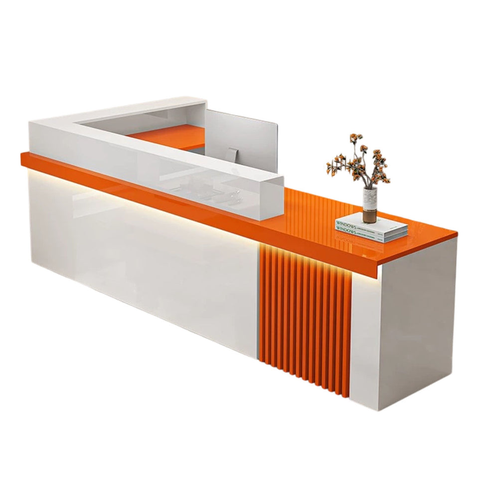 Modern Reception Desk with Dual-level Countertop, Wooden Slat Design, Cable Grommet & Lockable Storage Cabinet for Retail & Hospitality Spaces (47–157" L)