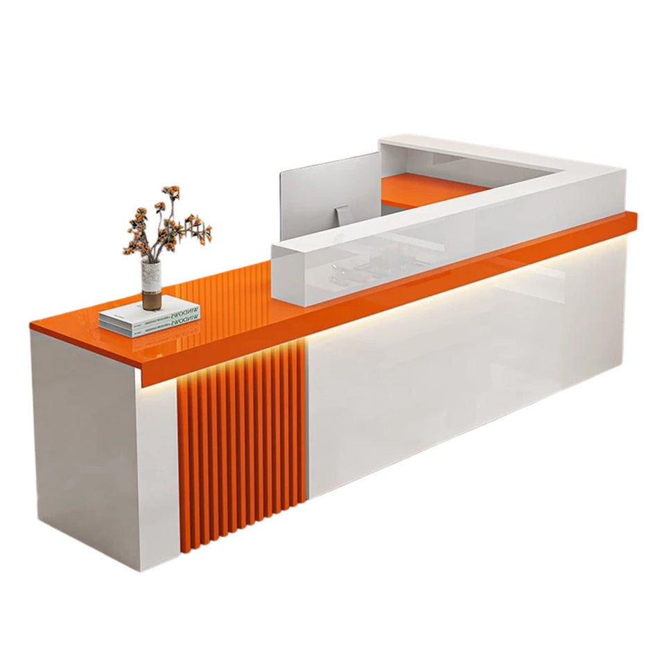 Modern Reception Desk with Dual-level Countertop, Wooden Slat Design, Cable Grommet & Lockable Storage Cabinet for Retail & Hospitality Spaces (47–157" L)