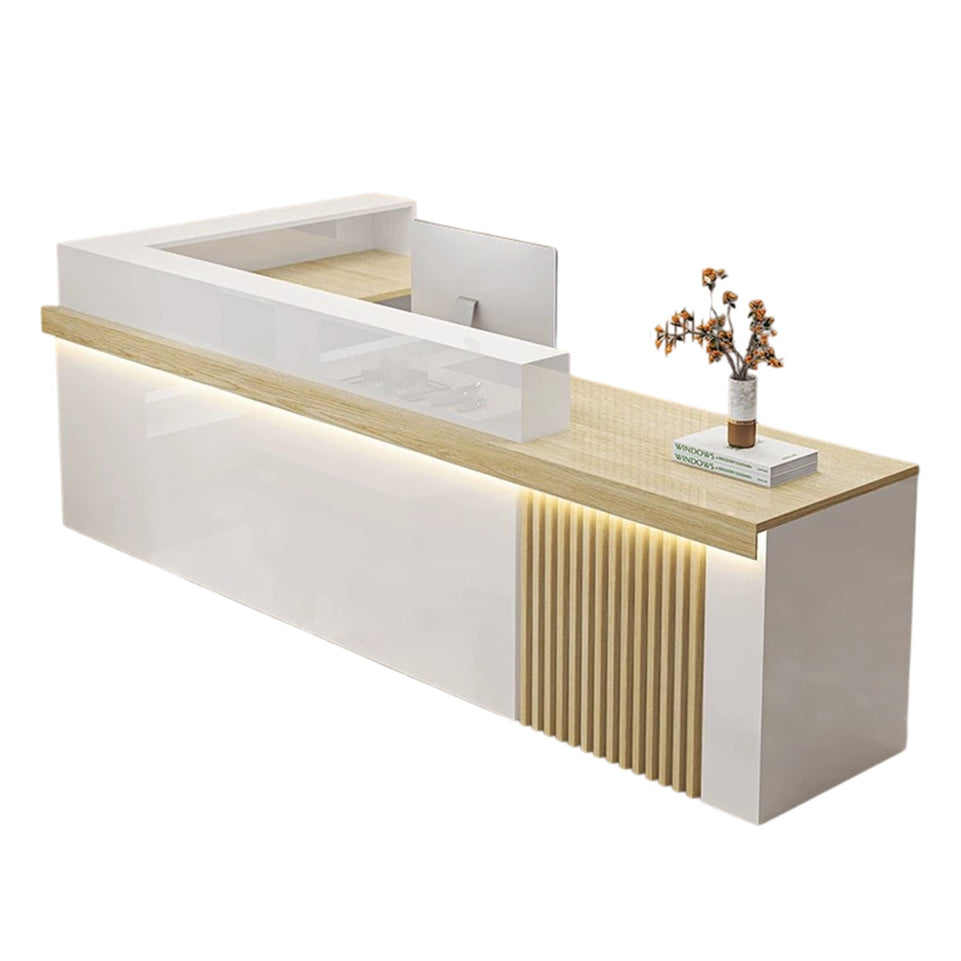 Modern Reception Desk with Dual-level Countertop, Wooden Slat Design, Cable Grommet & Lockable Storage Cabinet for Retail & Hospitality Spaces (47–157" L)