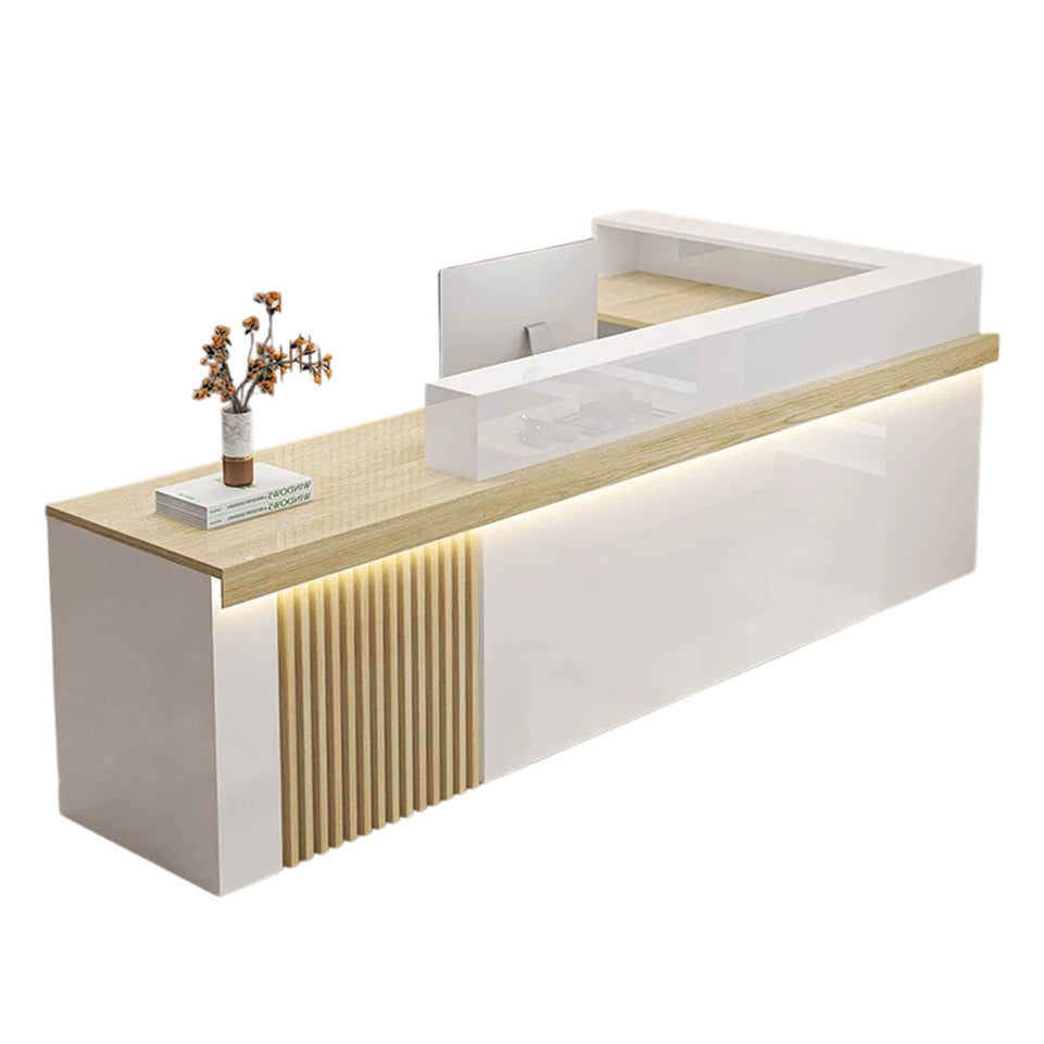 Modern Reception Desk with Dual-level Countertop, Wooden Slat Design, Cable Grommet & Lockable Storage Cabinet for Retail & Hospitality Spaces (47–157" L)