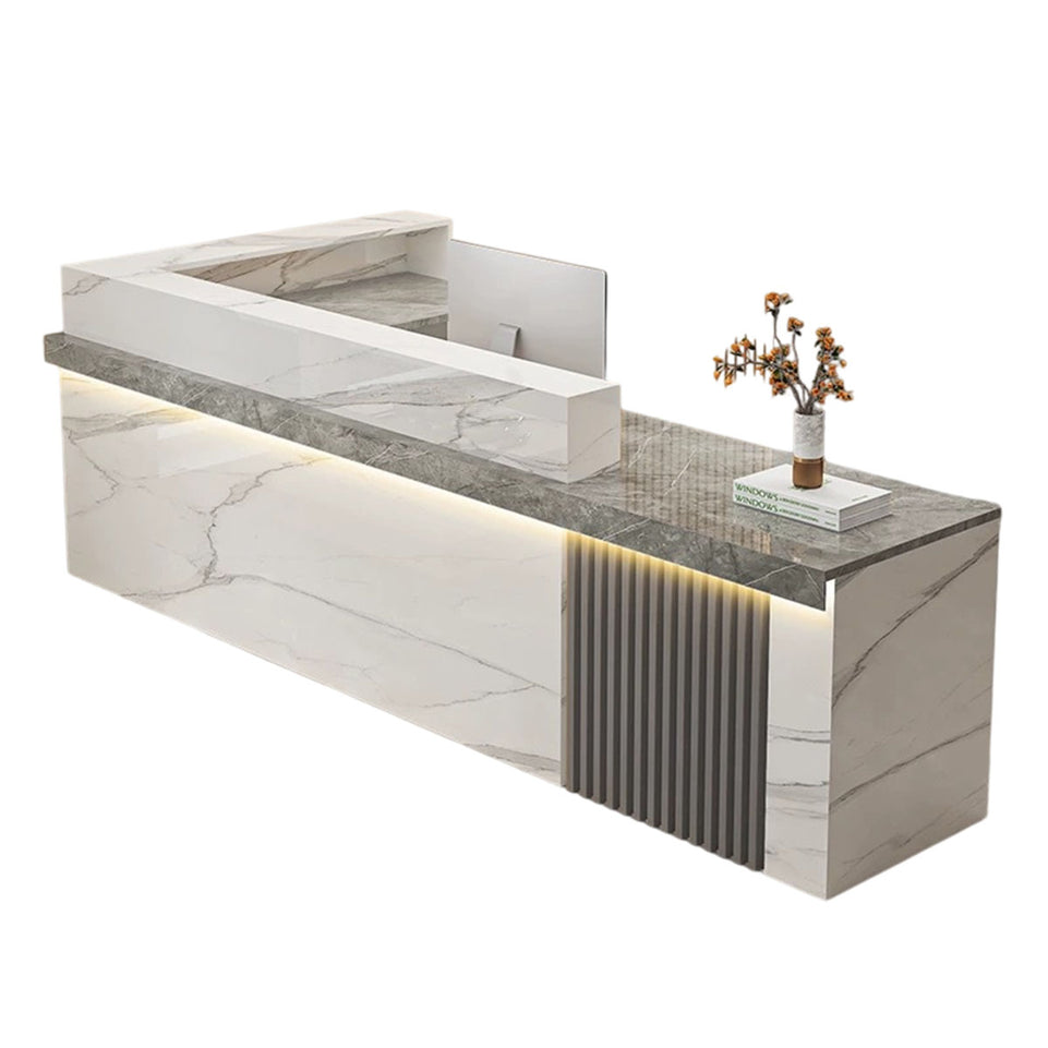 Modern Reception Desk with Dual-level Countertop, Wooden Slat Design, Cable Grommet & Lockable Storage Cabinet for Retail & Hospitality Spaces (47–157" L)
