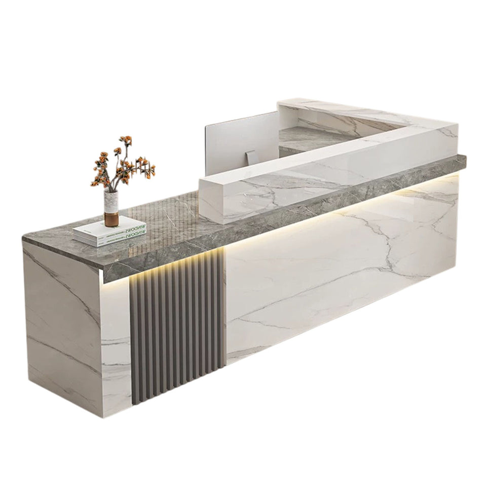 Modern Reception Desk with Dual-level Countertop, Wooden Slat Design, Cable Grommet & Lockable Storage Cabinet for Retail & Hospitality Spaces (47–157" L)