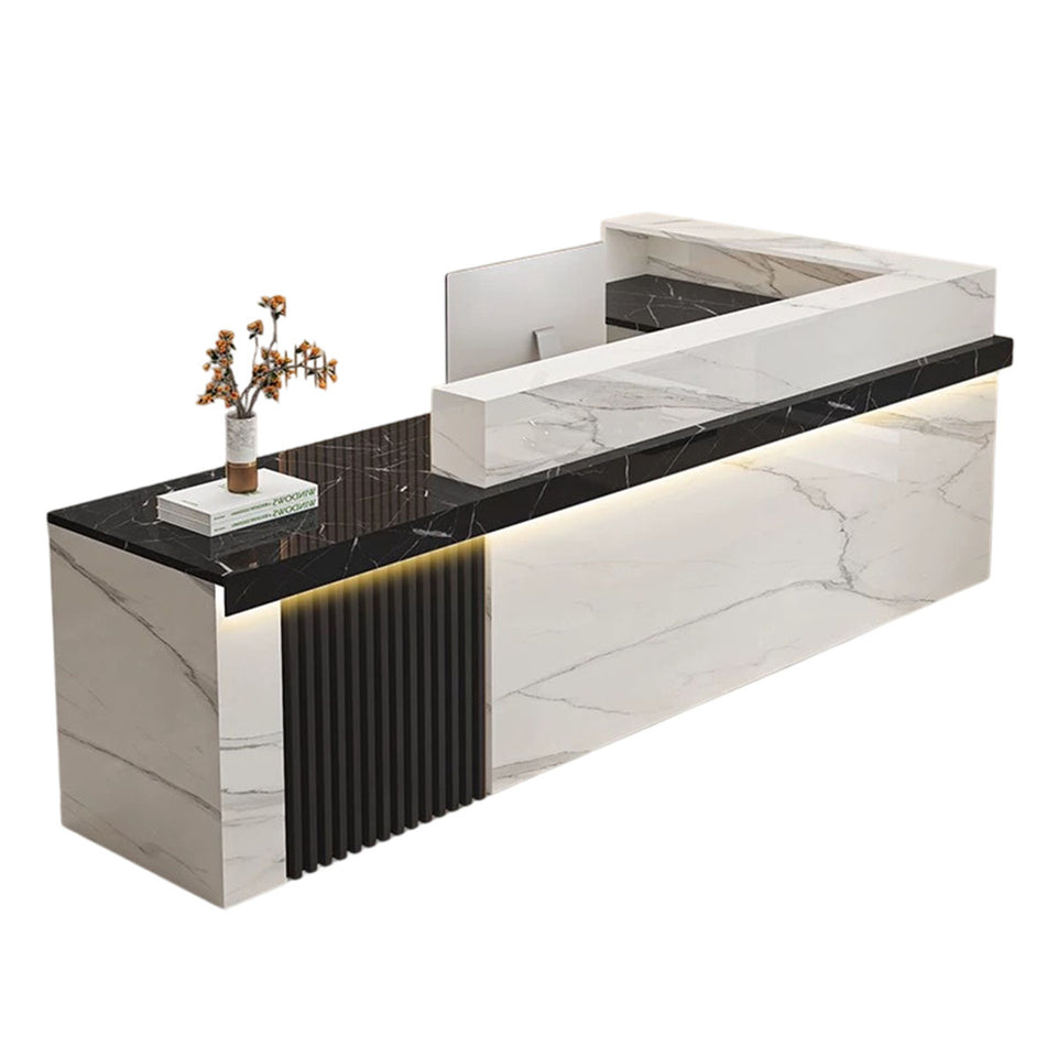 Modern Reception Desk with Dual-level Countertop, Wooden Slat Design, Cable Grommet & Lockable Storage Cabinet for Retail & Hospitality Spaces (47–157" L)