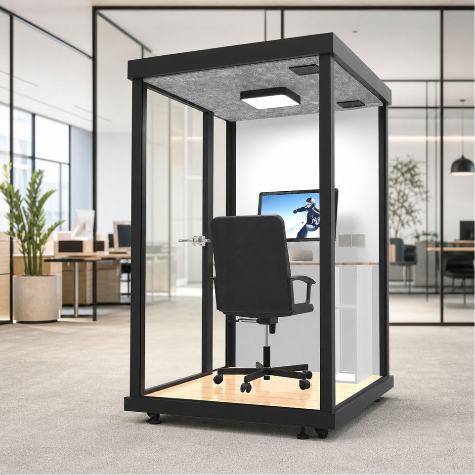 Portable Acoustic Pod with High-density Soundproof Panels, Tempered Glass, Ventilation System & Modular Steel Frame for Private Spaces