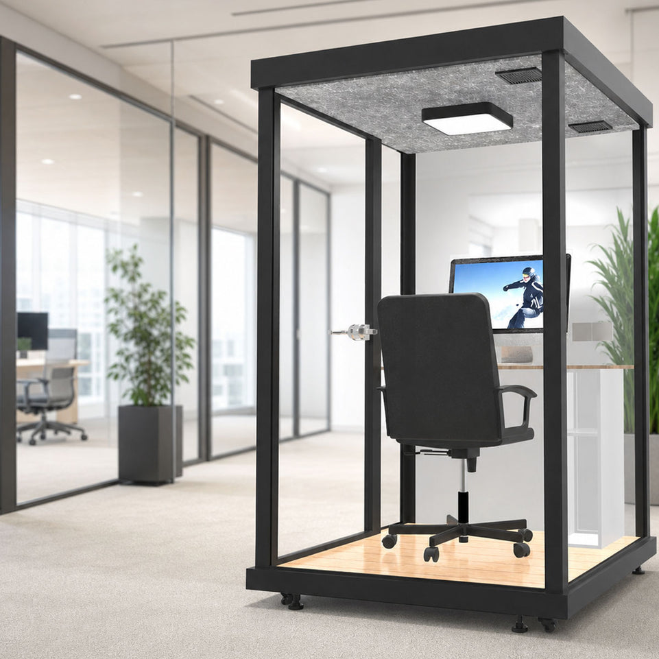 Portable Acoustic Pod with High-density Soundproof Panels, Tempered Glass, Ventilation System & Modular Steel Frame for Private Spaces