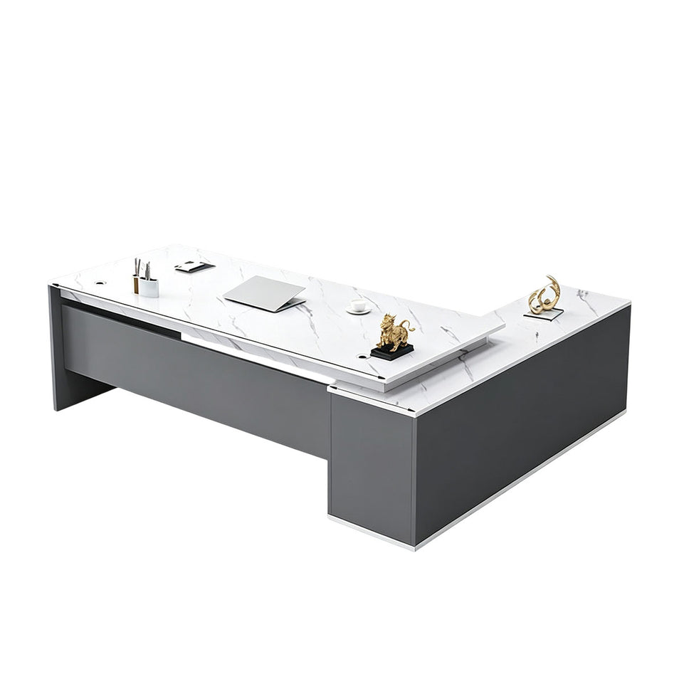 Elegant 55"–79" L Executive Desk with Thick Durable Desktop, Precision Edge Banding, Smart Cable Management, Large Storage Cabinet for Professional Offices