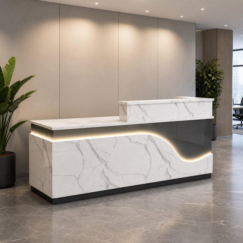 Stylish Reception Desk with Dual-level Countertop, LED Ambient Lighting, Cable Grommet & Lockable Storage Drawer for Commercial Spaces (47–118" L)