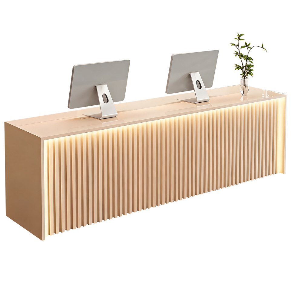 Modern Wood Slat Reception Desk with Lockable Storage and Keyboard Tray JDT-2307