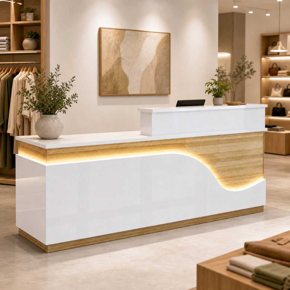 Stylish Reception Desk with Dual-level Countertop, LED Ambient Lighting, Cable Grommet & Lockable Storage Drawer for Commercial Spaces (47–118" L)