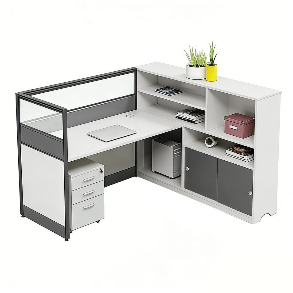 Office Workstation Desk with Privacy Panel, Cable Management & Mobile Pedestal