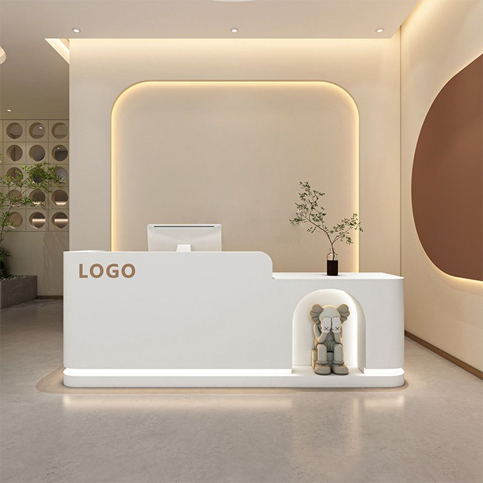 Round Arch Display Straight Reception Desk with LED Strip and Storage for Offices and Salons JDT-1029