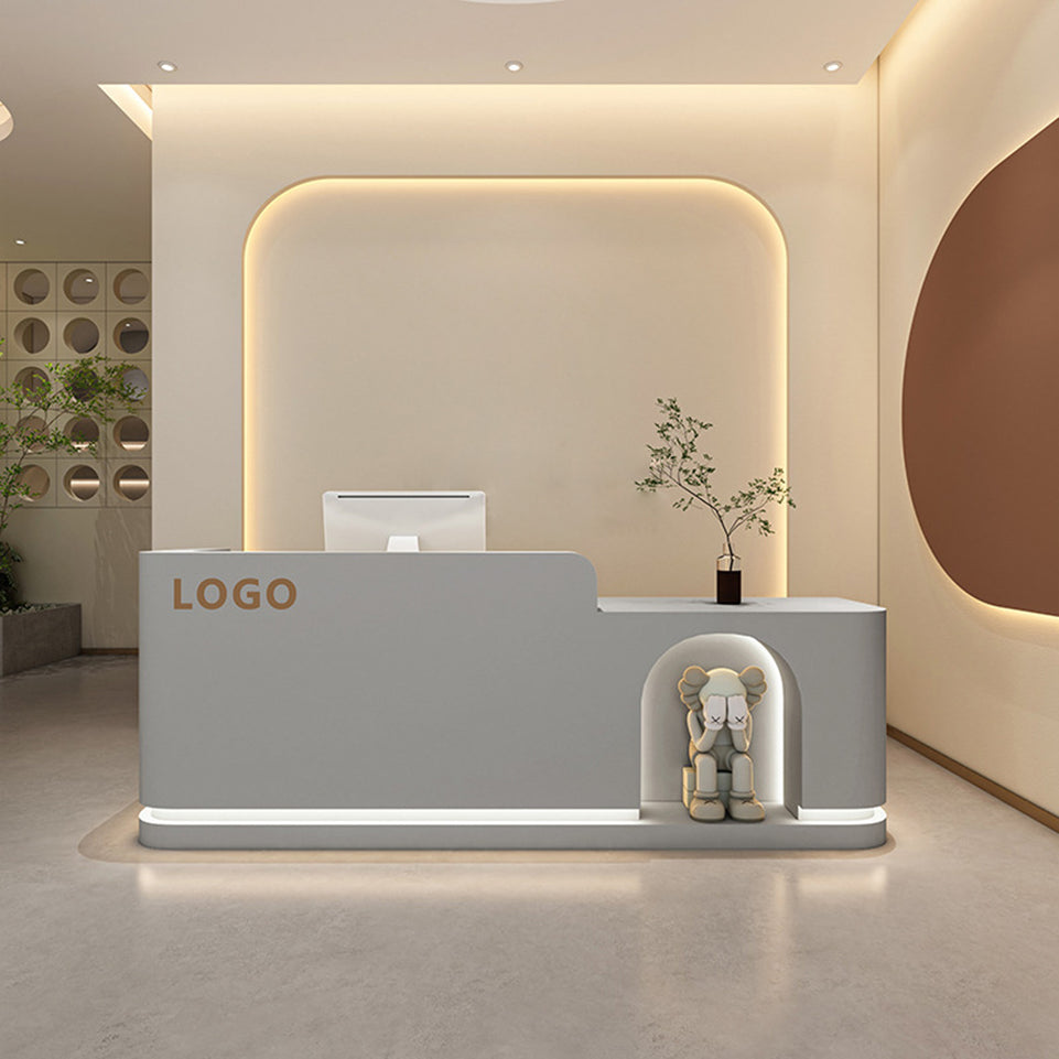 Round Arch Display Straight Reception Desk with LED Strip and Storage for Offices and Salons JDT-1029