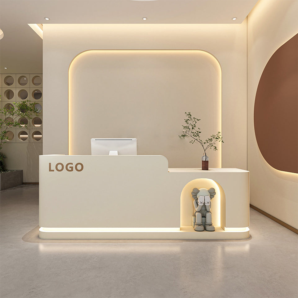 Round Arch Display Straight Reception Desk with LED Strip and Storage for Offices and Salons JDT-1029