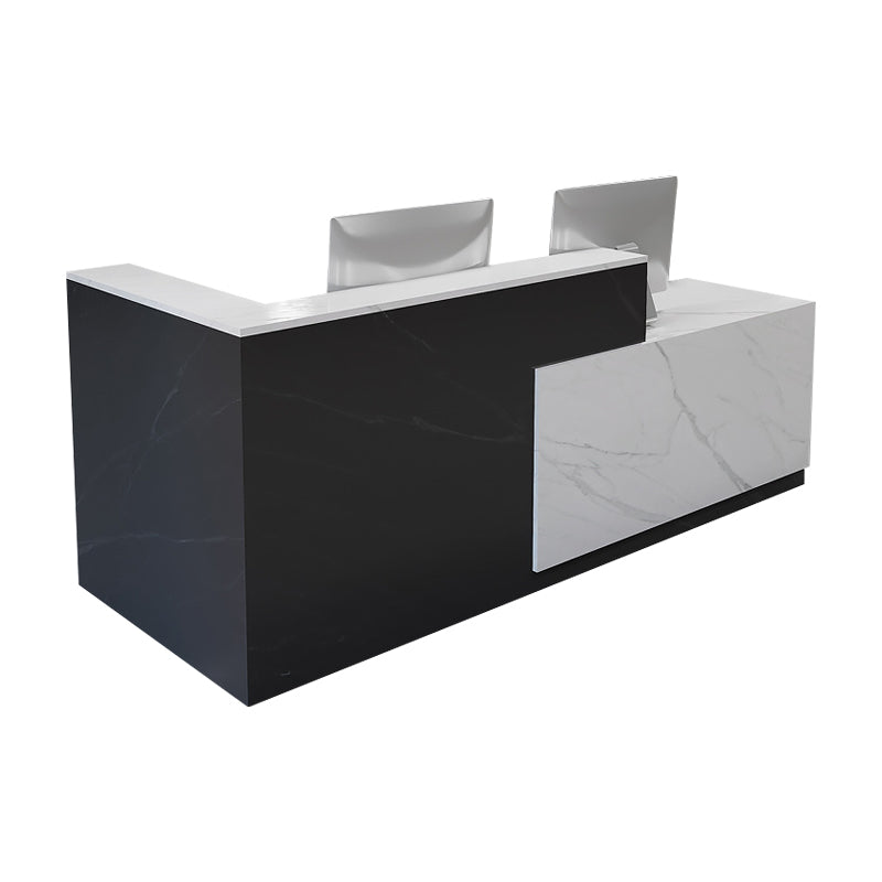 Color-Blocked L-Shaped Reception Desk with Keyboard Tray and Lockable Drawer for Offices and Hotels JDT-011