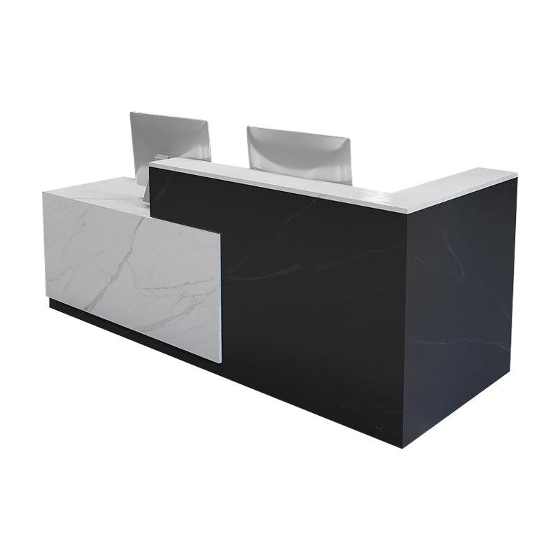 Color-Blocked L-Shaped Reception Desk with Keyboard Tray and Lockable Drawer for Offices and Hotels JDT-011