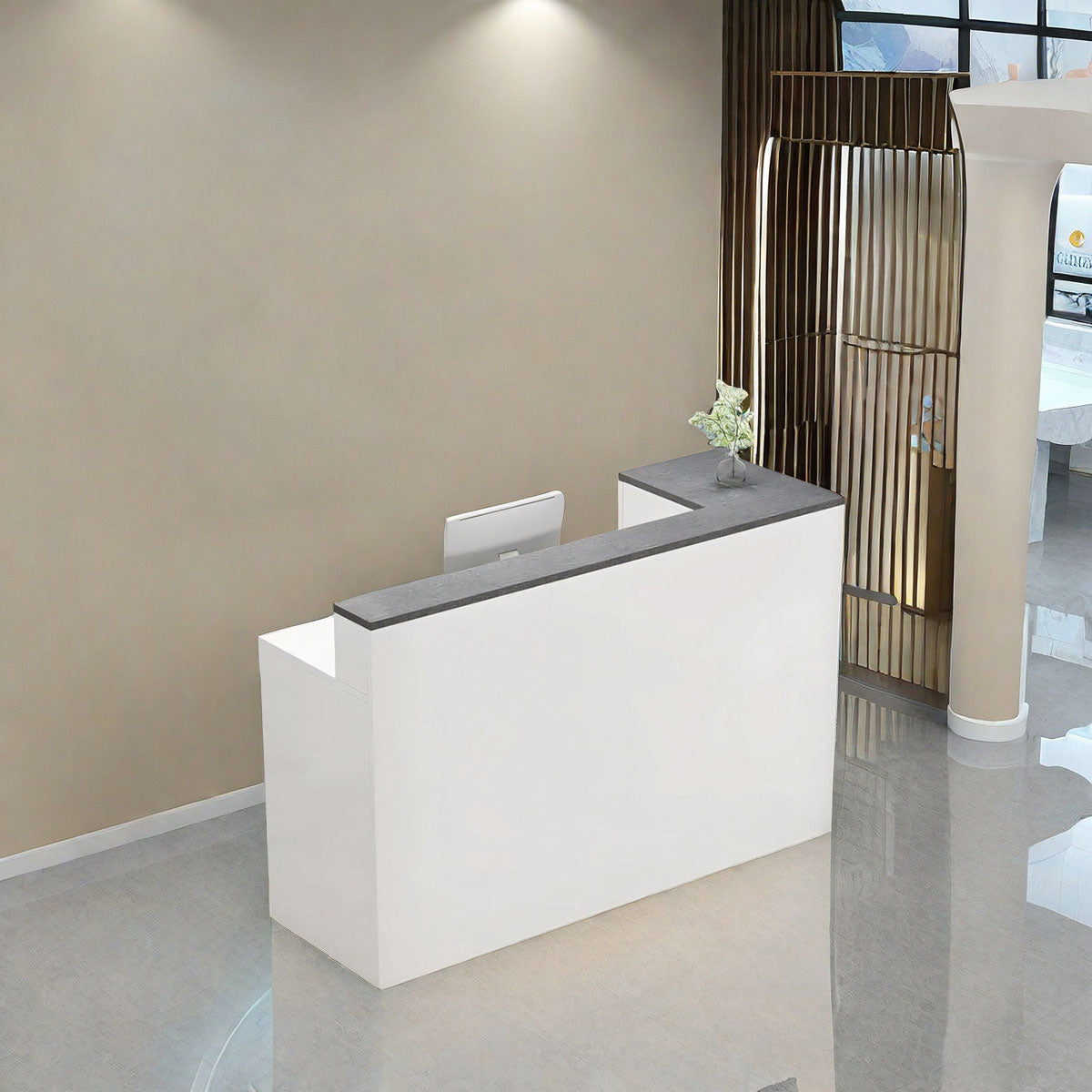 L-Shaped Corner Straight Compact Reception Desk with Keyboard Tray and Drawer for Stores and Salons JDT-1048