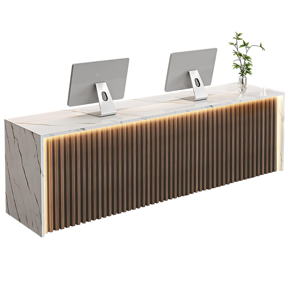 Modern Wood Slat Reception Desk with Lockable Storage and Keyboard Tray JDT-2307