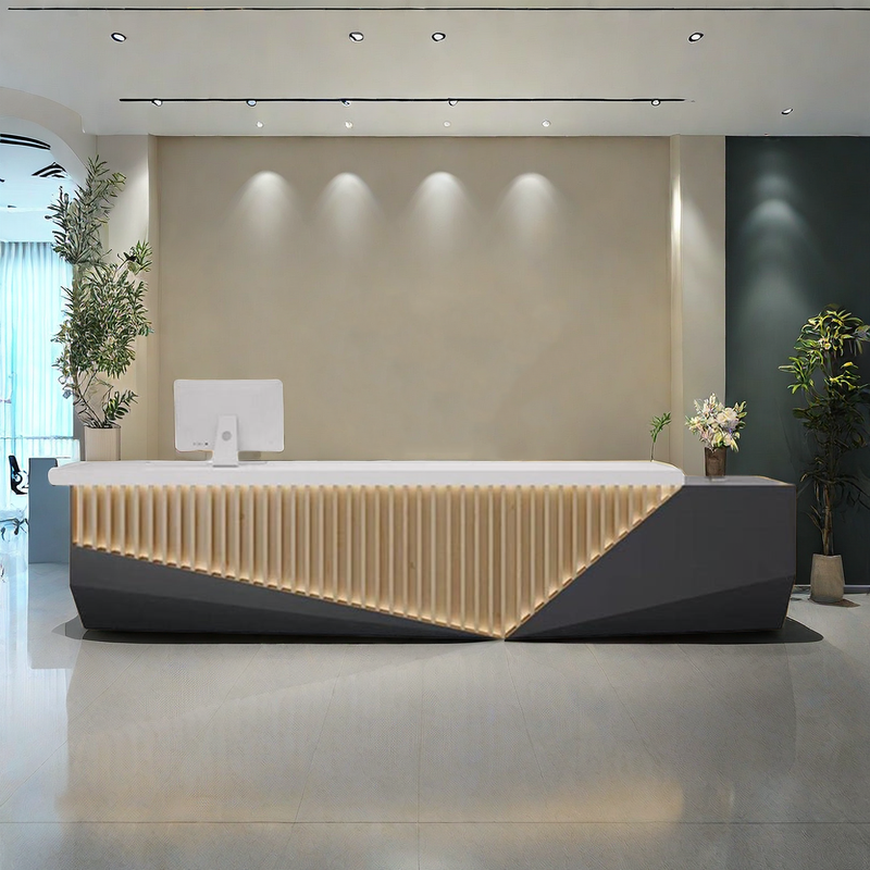 Salon Reception Desk 63-157 in Wide with Lockable, Fluted Front & LED Lighting for Salon