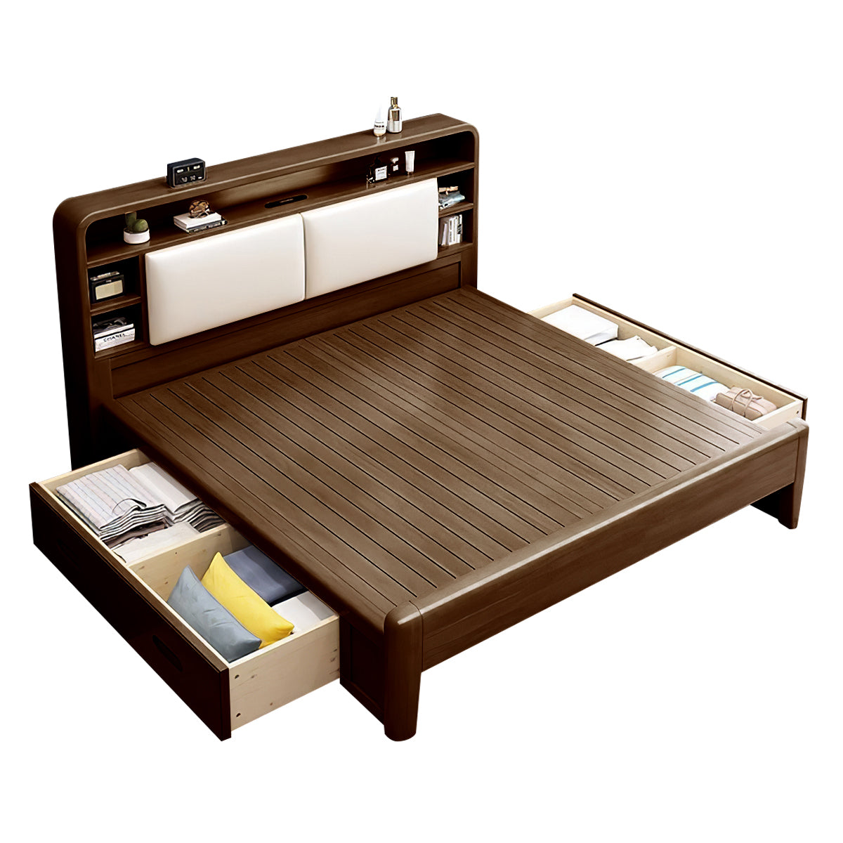 Solid Wood Bedroom Queen Bed with Storage Headboard (In Stock)