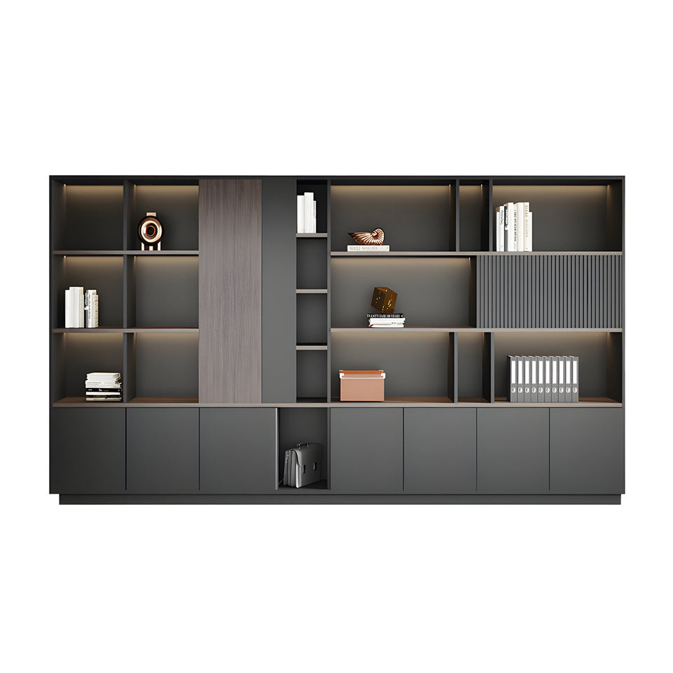 Storage Cabinet, Dark Wood-Toned With LED Strip, Dark Wood-Toned finish, L126" x W16" x H79", for office storage space, office storage furniture