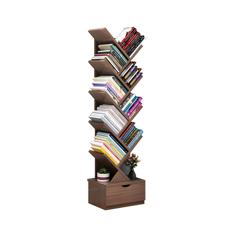 Compact Tree-Shaped Wooden Bookshelf with Vertical Storage, Wall-Aligned, Small Living Room Book Cabinet with Closed Door and Reinforced Support CWG-2181