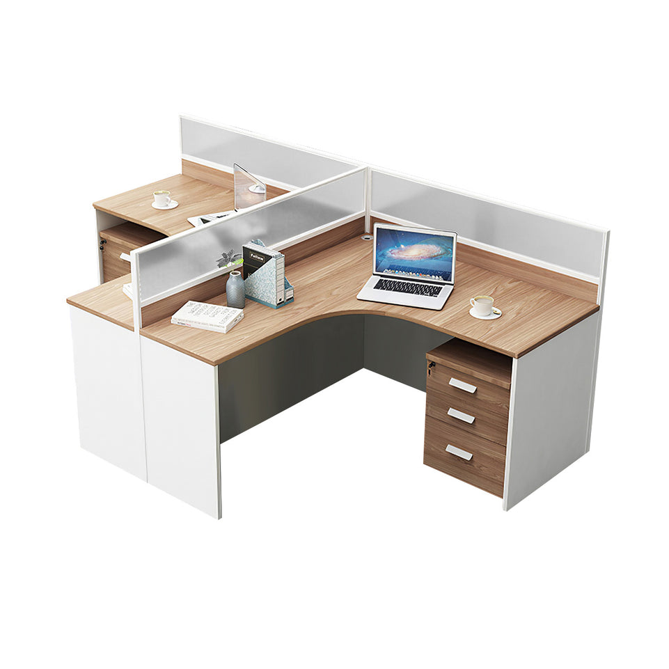 L-Shaped Office Desk with Privacy Panel, Glass Top & File Drawers for Home Office