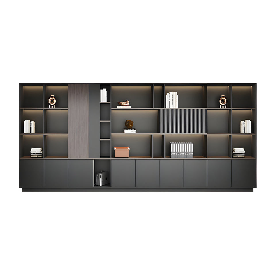 Storage Cabinet, Dark Wood-Toned With LED Strip, Dark Wood-Toned finish, L157" x W16" x H79", for office storage space, office storage furniture