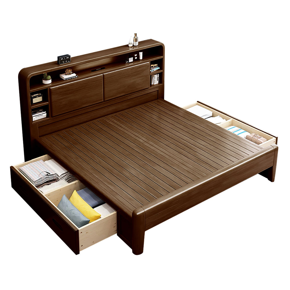 Solid Wood Bedroom Queen Bed with Storage Headboard (In Stock)