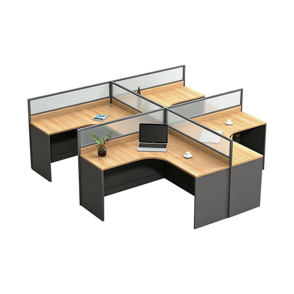 Modern Office Desk with Built-In Outlets, Cable Management & Glass Top for Home Office