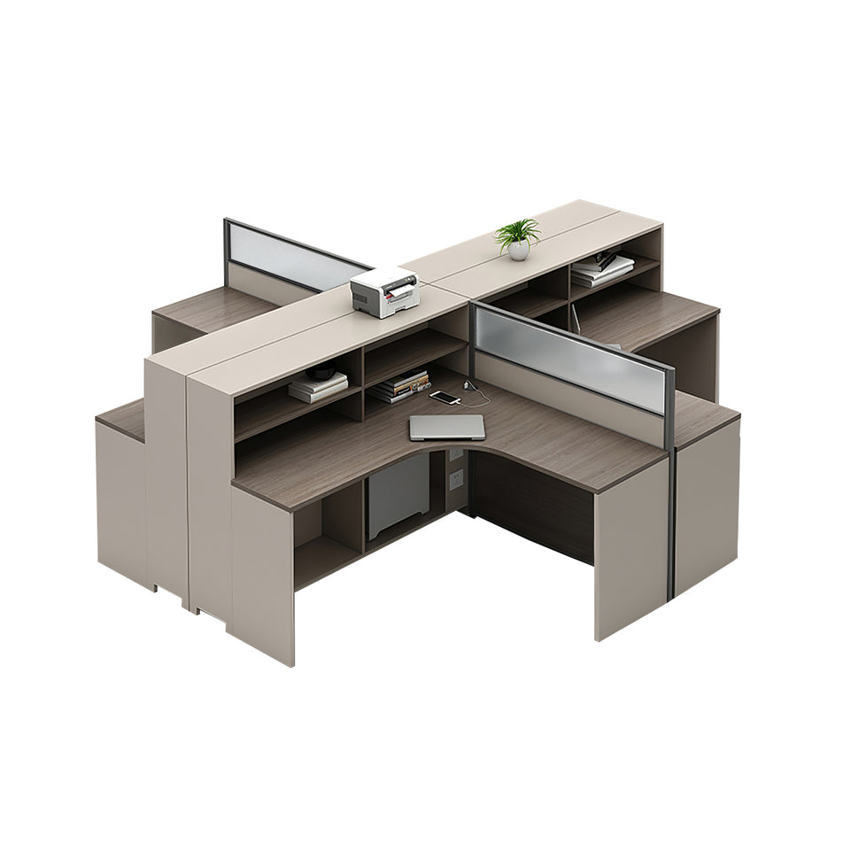 L-Shaped Office Desk with Built-In Outlets, Cable Management & Glass Top for Home Office
