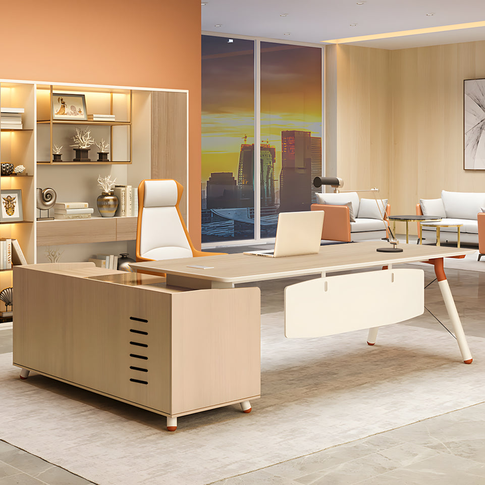 Modern and Stylish Executive Desk with Skirt Panel and Side Cabinet of Natural Finish LBZ-10195