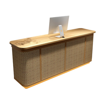 Round Reception Desk 47-118 in Wide with Keyboard Tray, Rattan & Solid Wood for Salon