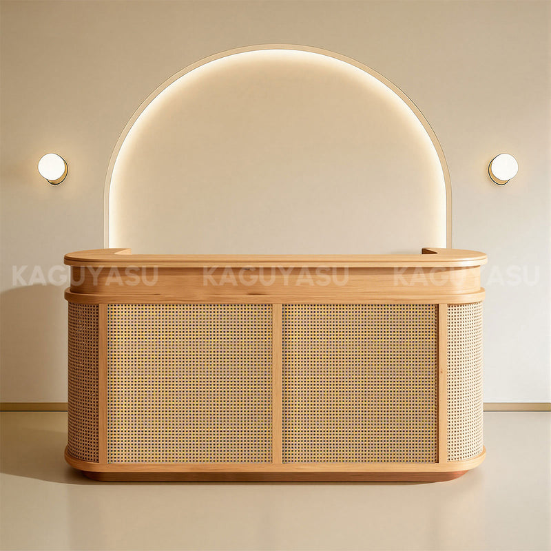 Curved Reception Desk 39-118 in Wide with Rattan, Keyboard Tray & File Drawers for Salon