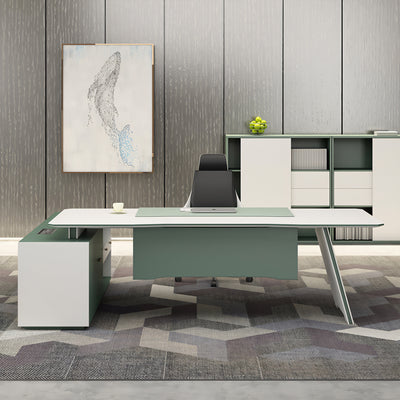 Modern Executive Office Desk Computer Boss Large Capacity Side Cabinet White Green Style LBZ-1049