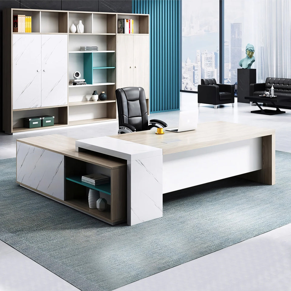 Modern Minimalist Executive Desk and Chair Set for Leadership and Spacious Workstation with Ample Storage LBZ-10187