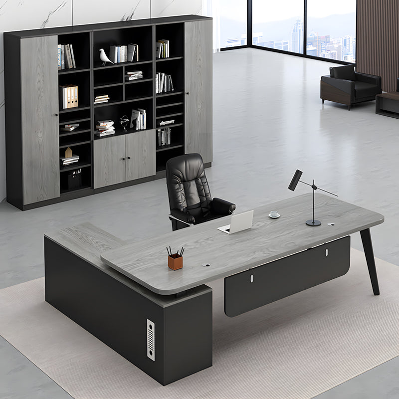Modern Executive Desk with Cable Management, Curved & Side Storage for Home Office