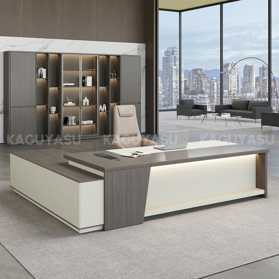 L-Shaped Executive Desk with LED Lighting, Side Storage & Cable Management for Home Office