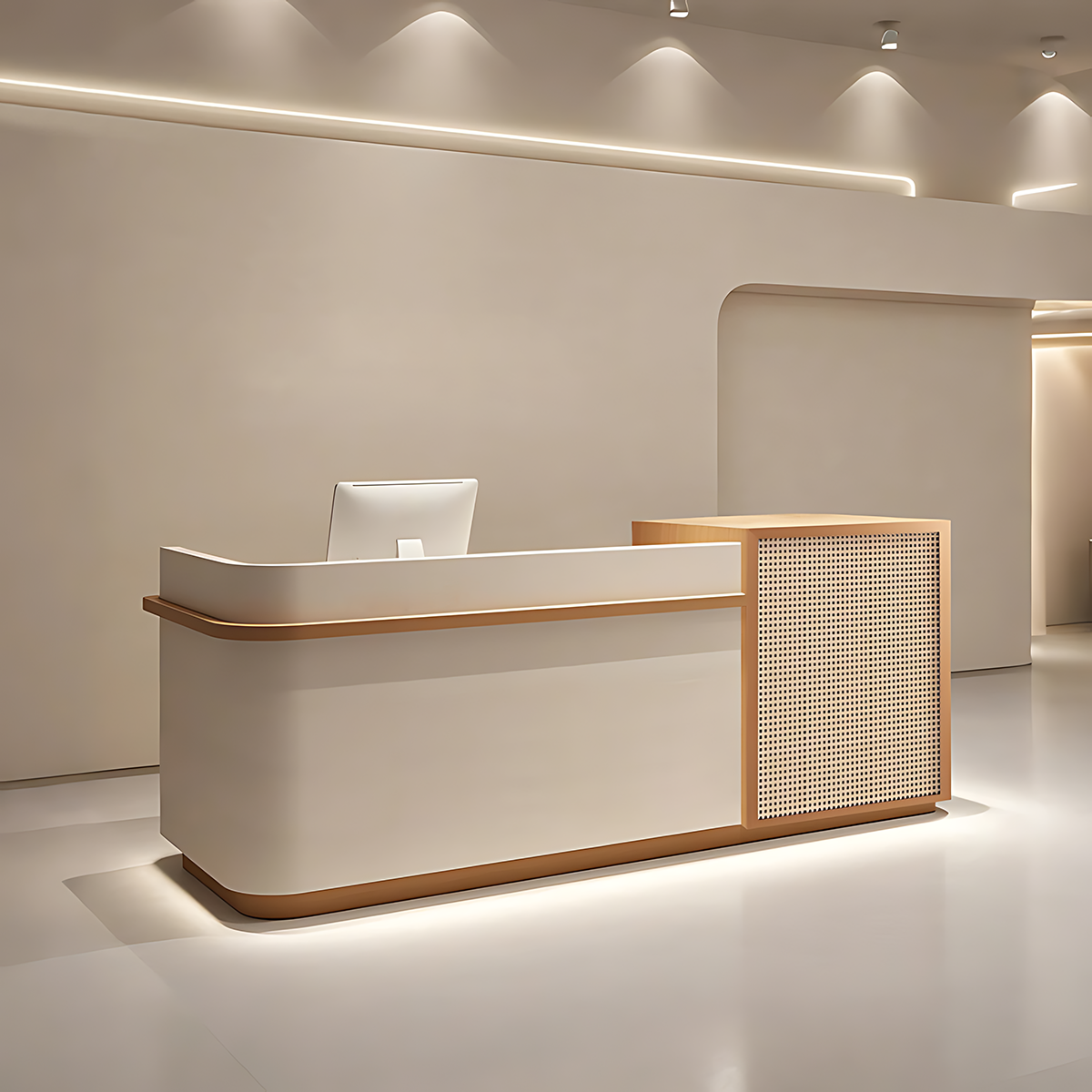 Curved Reception Desk with Rattan, File Drawers & Keyboard Tray for Re