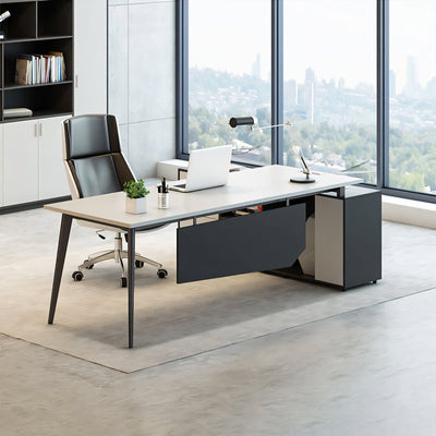 Sleek and Modern Executive Desk with Single Pedestal and Large Capacity Storage Made of Steel Legs and White Finish LBZ-10194