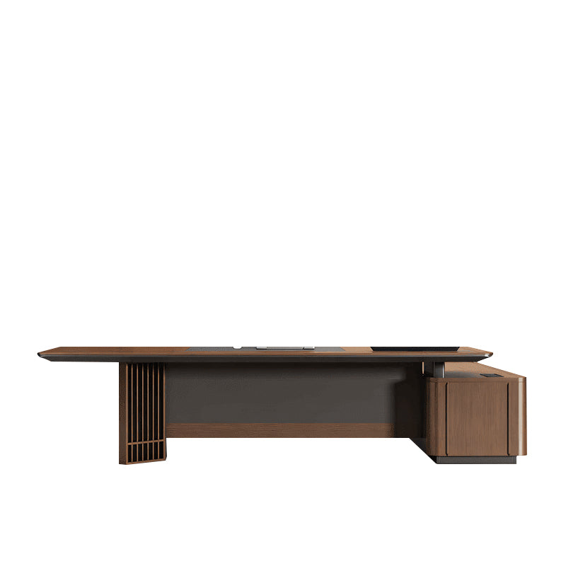 Luxury Office Executive Table L-shape Desk with curtain Sideboard  Wood grain Walnut LBZ-1058