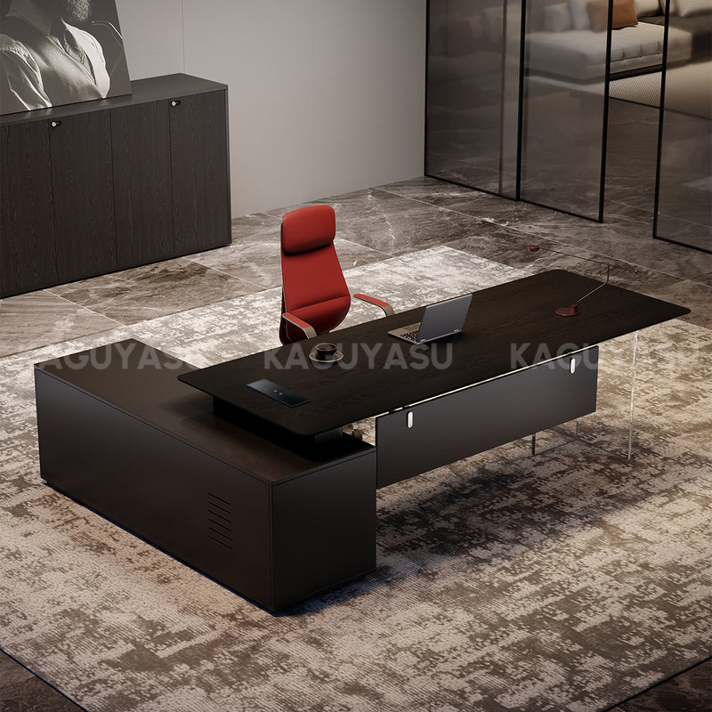 Luxury Contemporary Executive Desk with Smart Power Outlet, Diamond-cut Thick Top & Large Storage Cabinet for Modern Offices (55–87")