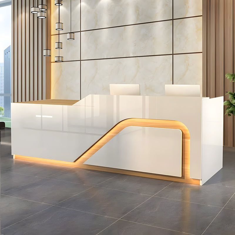 Curved Reception Desk 79-126 in Wide with LED Lighting, Lockable & Keyboard Tray