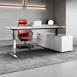 Minimalist Executive Sit-stand Desk with Smart Charging Box, Stainless Steel Leg & Side Storage Cabinet (71–94")