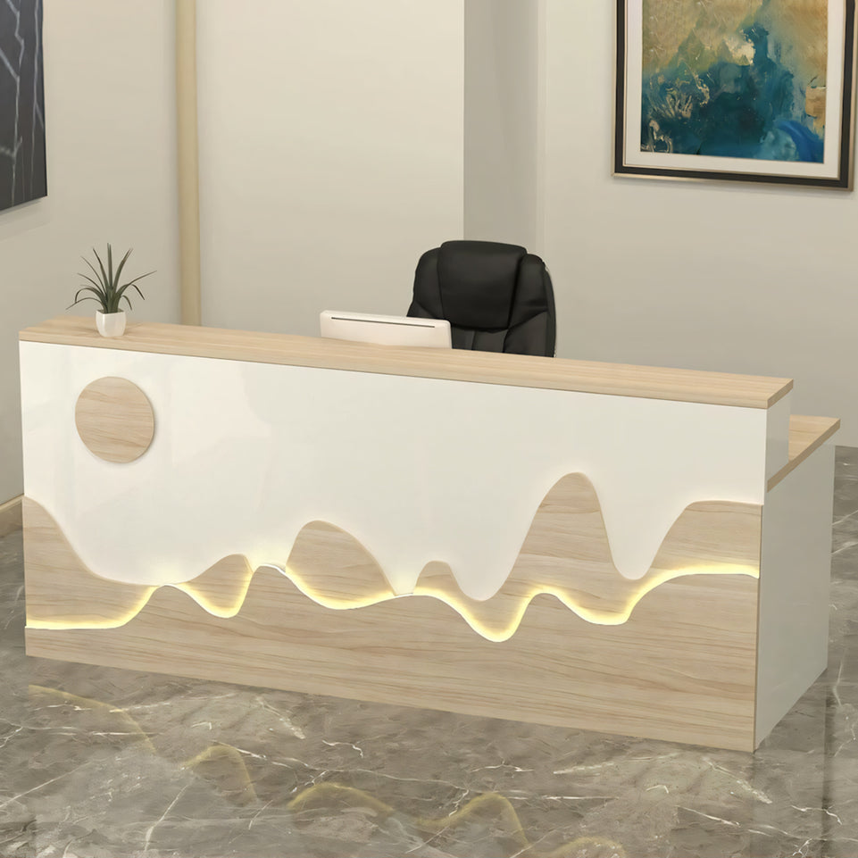 Mountain Pattern Straight Front Desk with Double-Tiered Countertop and Keyboard Tray for Offices and Lobbies JDT-10141