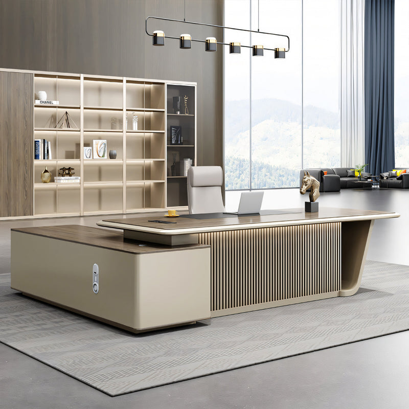 Modern Executive Desk with Boat-Shaped, Side Storage & Cable Management for Home Office