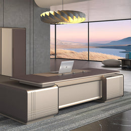 L-Shaped Desk with Built-In Outlets, Cable Management & LED Lighting