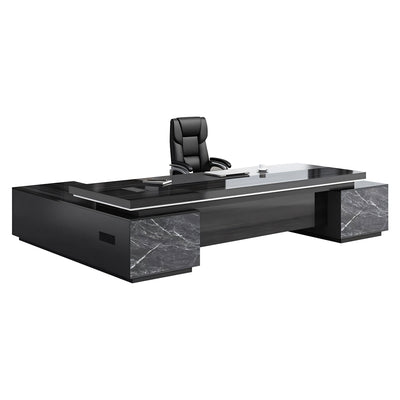 Luxury Black Marble Texture Executive Desk Computer Desk with Side Cabinet Wiring Holes L-Shape Corner Desk LBZ-1074