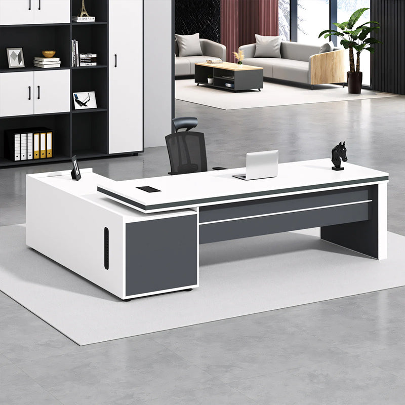 Modern Executive Desk with Cable Management & File Drawers for Home Office