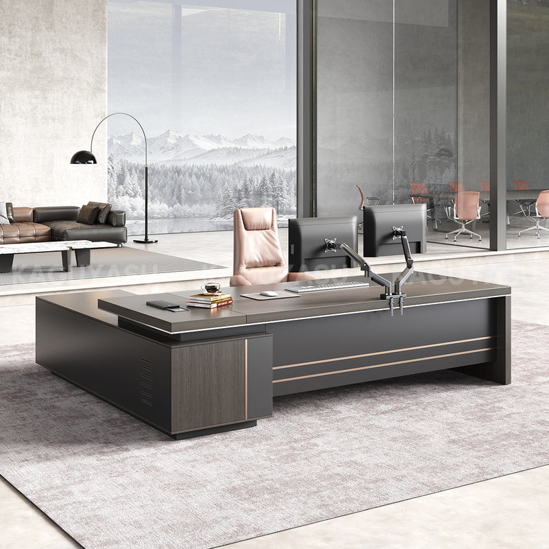 L-Shaped Executive Desk with Side Storage, Built-In Outlets & Cable Management
